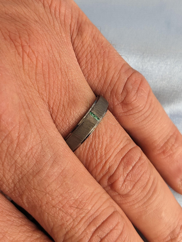 Brushed Solid Gold Wedding Ring, Mens Wedding Band, Brushed Black Gold Wedding Ring, Emerald Wedding Band, Simple 14k 18k Gold Ring