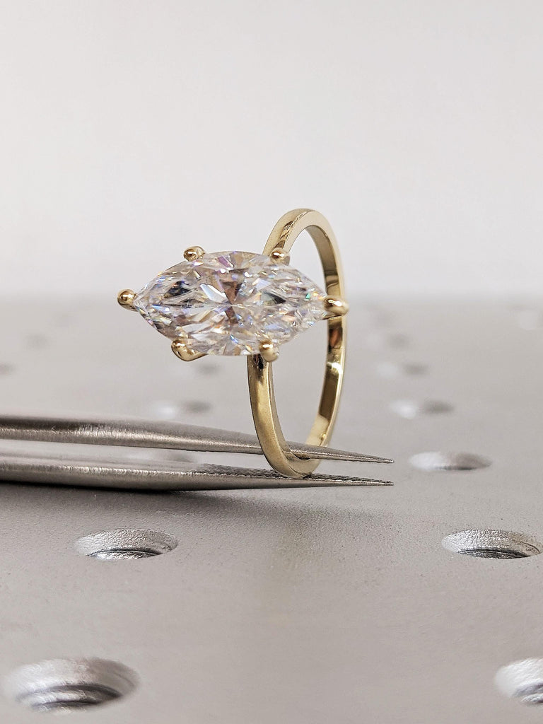 Custom Moissanite Solitaire Ring, 14K Yellow Gold Marquise Cut Moissanite Bridal Ring, White Moissanite Engagement Ring, Solid Gold Jewelry