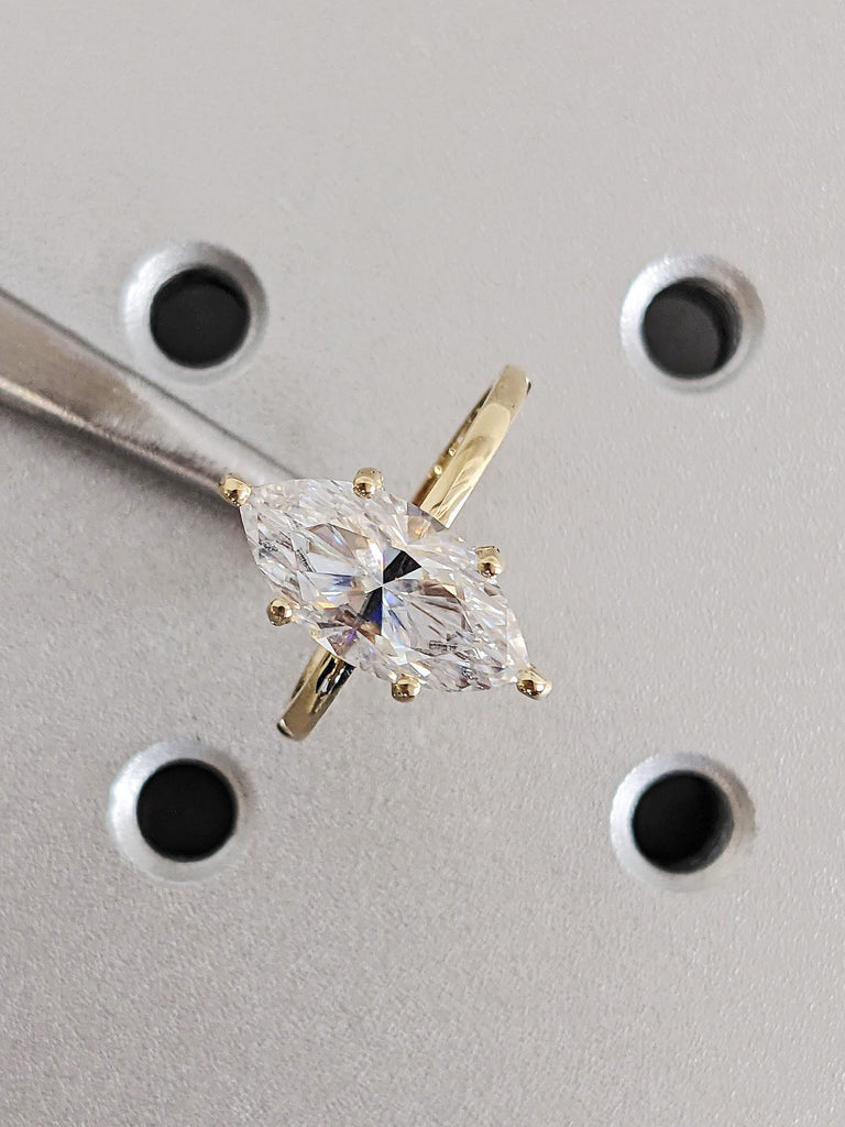 Marquise Cut VSS Moissanite Engagement Ring, Custom Solitaire Yellow Gold Wedding Band, Modern Bridal Jewelry