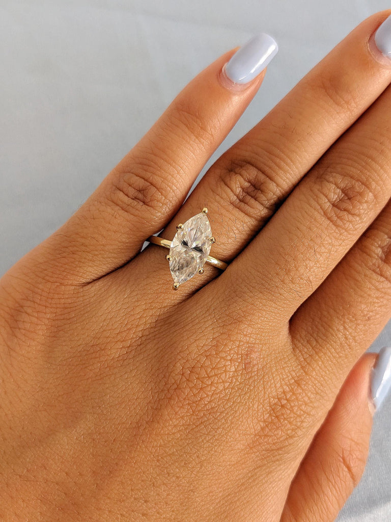Marquise Cut Lab Grown Diamond Engagement Ring, Custom Solitaire Yellow Gold Wedding Band, Sustainable Diamond Jewelry