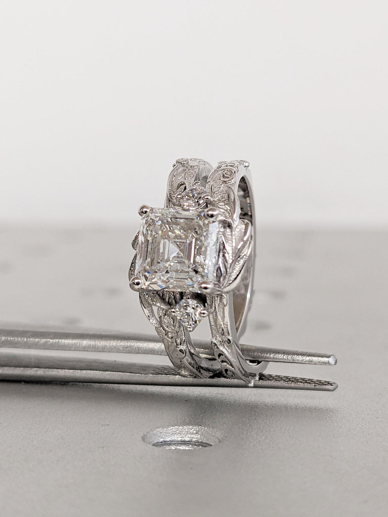 2ct Lab Grown Diamond Ring, Antique Asscher Cut Ring, Art Deco White Gold Engagement Ring, Big Statement Ring for Women, Vintage Floral Ring