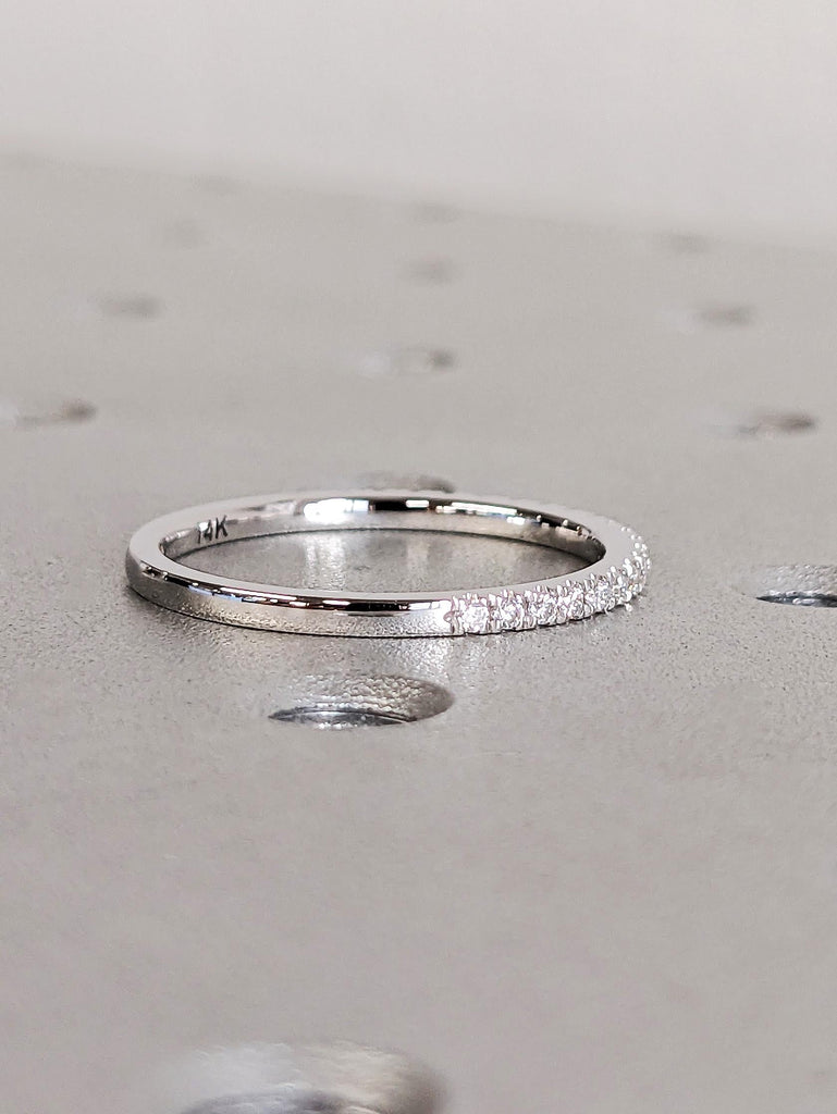 Dainty 14K Solid White Gold Comfort Fit Eternity Ring, Delicate Round Diamond Half Eternity Band, Micro Pavé Diamond Stacking Wedding Ring