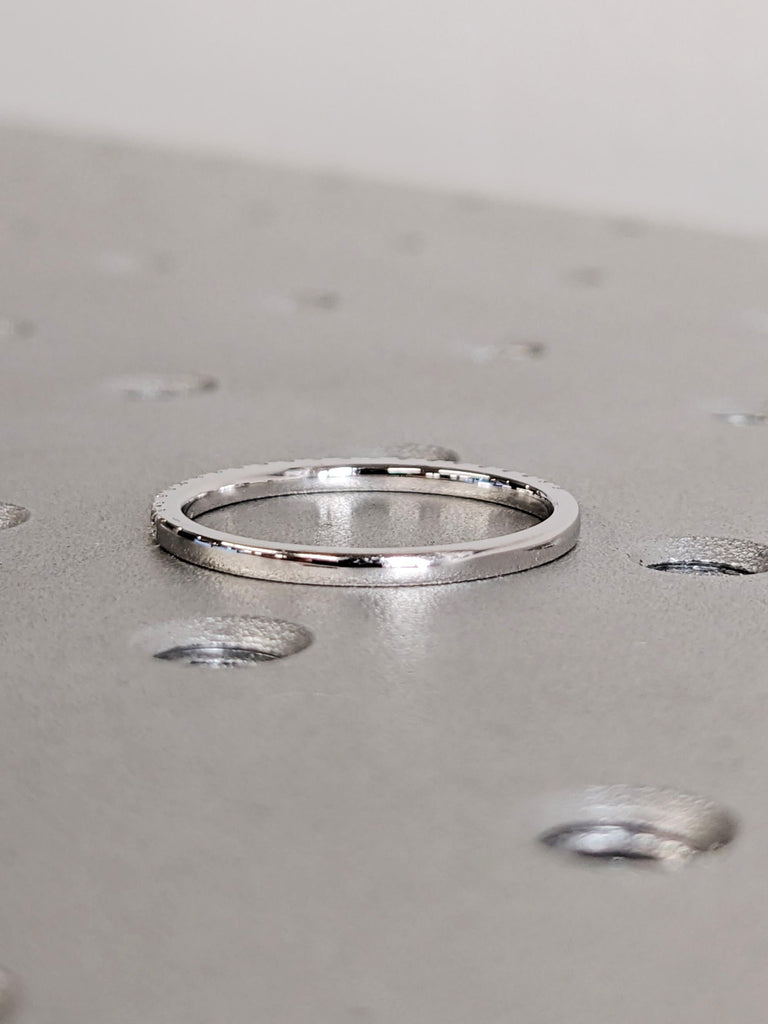 Dainty 14K Solid White Gold Comfort Fit Eternity Ring, Delicate Round Diamond Half Eternity Band, Micro Pavé Diamond Stacking Wedding Ring