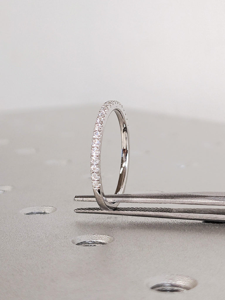 Dainty 14K Solid White Gold Comfort Fit Eternity Ring, Delicate Round Diamond Half Eternity Band, Micro Pavé Diamond Stacking Wedding Ring