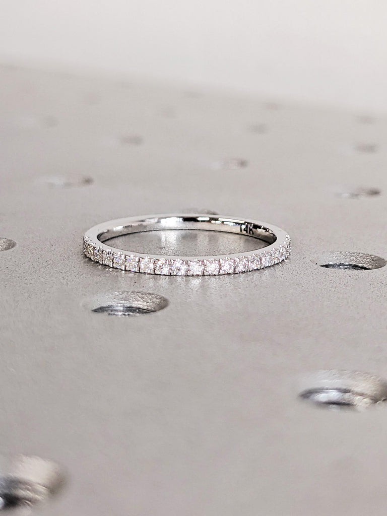 Dainty 14K Solid White Gold Comfort Fit Eternity Ring, Delicate Round Diamond Half Eternity Band, Micro Pavé Diamond Stacking Wedding Ring