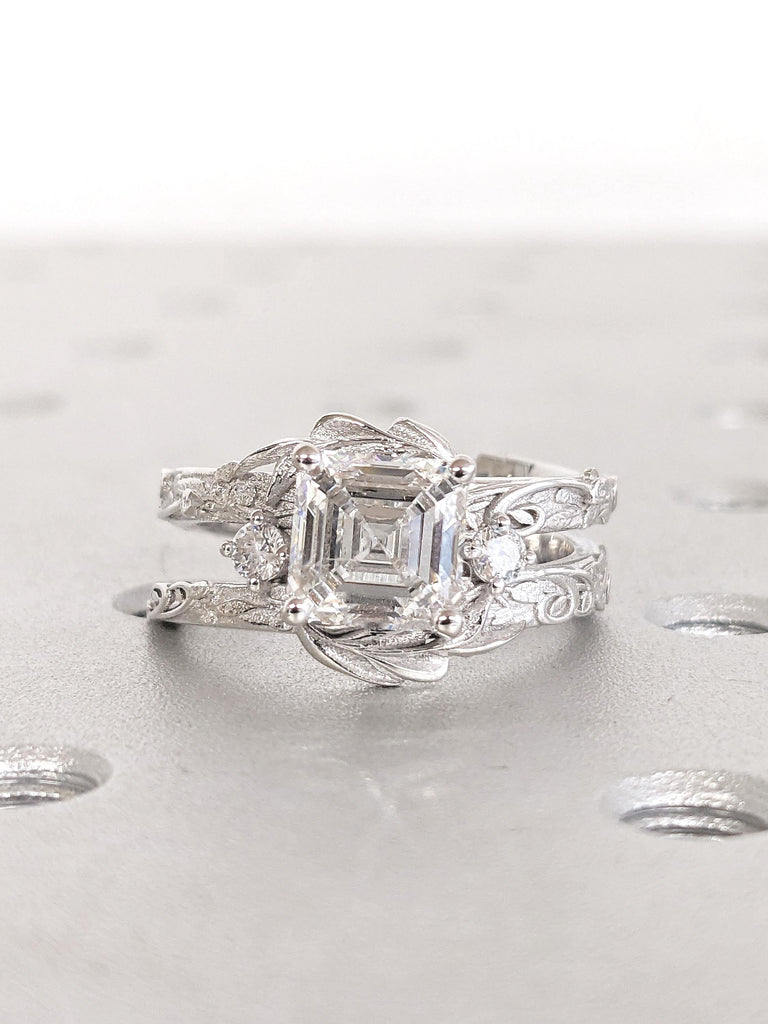 Moissanite Ring, Floral Ring, 18k White Gold Ring