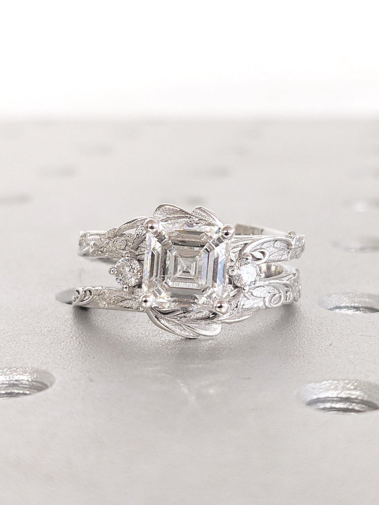 Vintage Moissanite Engagement Ring, 18k White Gold Asscher Cut Ring