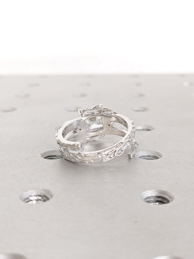 Art Deco Lab Grown Diamond Engagement Ring, White Gold Ring, Asscher Cut Ring, Antique Ring