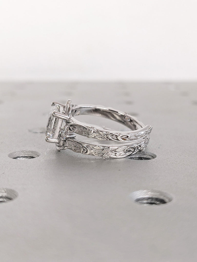 Vintage Moissanite Engagement Ring, 18k White Gold Asscher Cut Ring, Personalized Statement Ring, Antique Style Moissanite Ring, Nature Ring