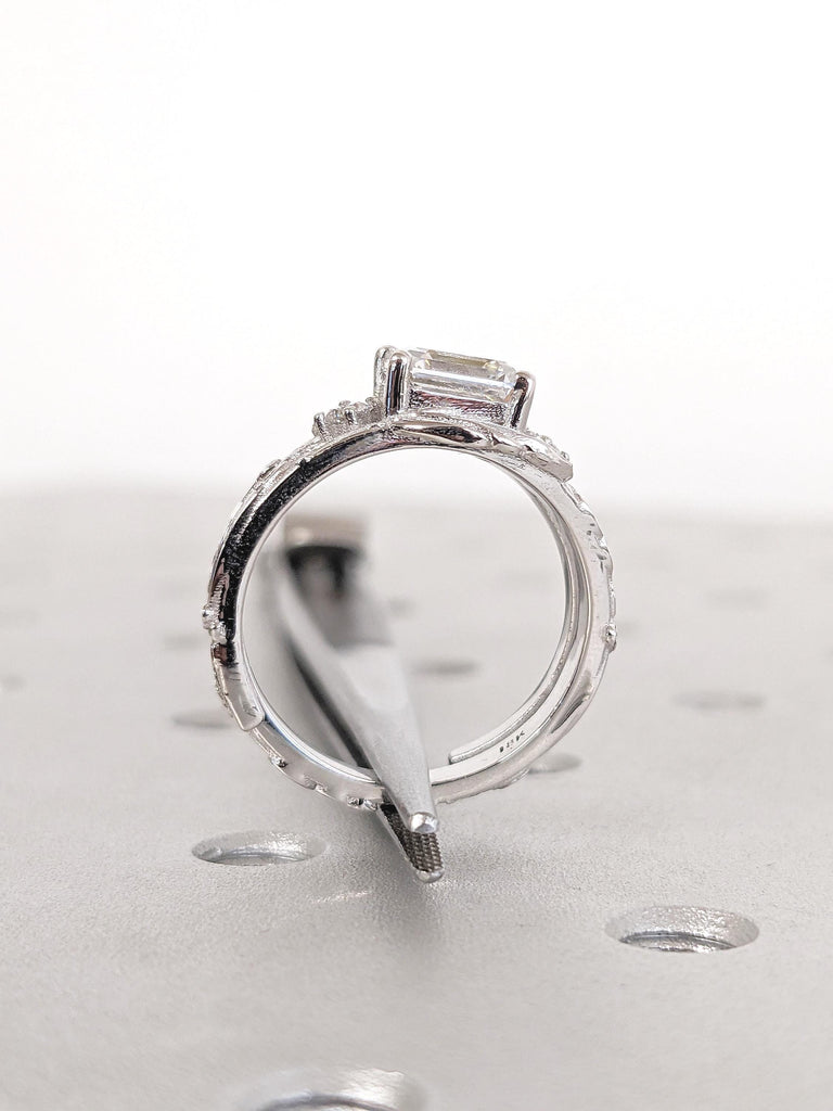 Antique Asscher Cut Ring, Nature Inspired Moissanite Ring, Floral Ring, 18k White Gold Ring