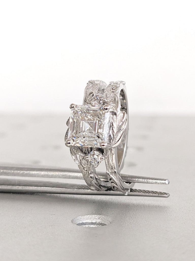 Vintage Moissanite Engagement Ring, 18k White Gold Asscher Cut Ring, Personalized Statement Ring, Antique Style Moissanite Ring, Nature Ring