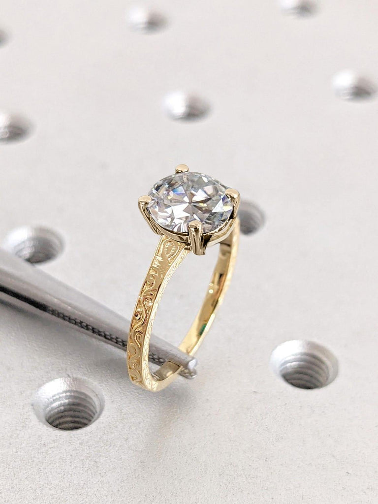Old Mine cut Moissanite Vintage Engagement Ring | OMC Moissanite Round Classic Solitaire Ring | 14k Yellow Gold Filigree Women Wedding Ring