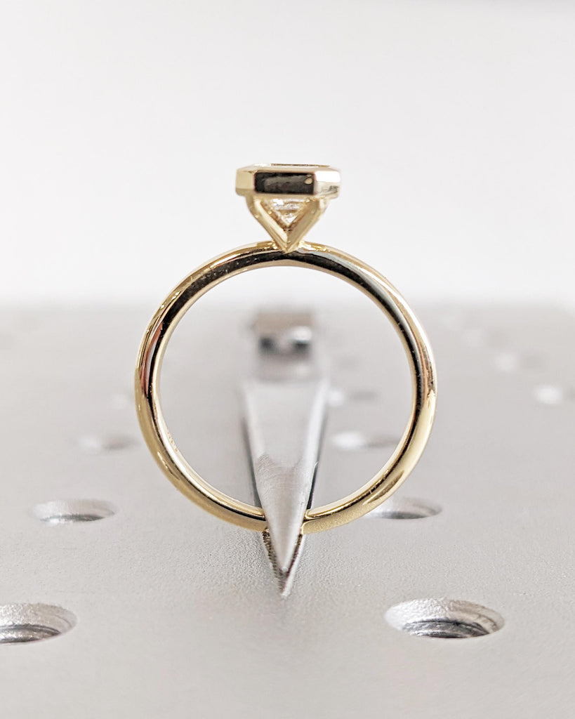 Emerald Cut Moissanite Solitaire Ring / 14K Yellow Gold Engagement Ring / Bezel Setting / Statement Ring / Wedding Anniversary Gift For Her