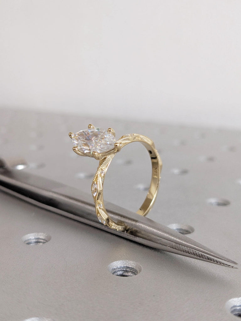 2ct Marquise Lab Grown Diamond Engagement Ring, Prong Set Milgrain 14K Yellow Gold Wedding Ring