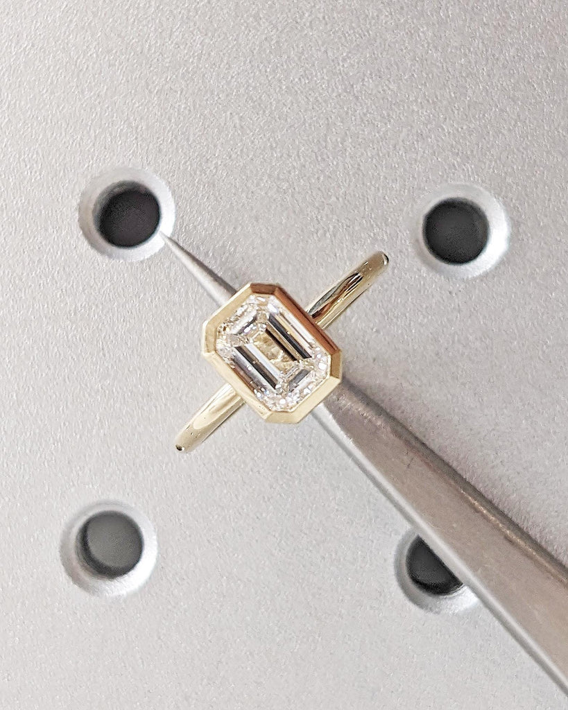 Emerald Cut Moissanite Solitaire Ring / 14K Yellow Gold Engagement Ring / Bezel Setting / Statement Ring / Wedding Anniversary Gift For Her