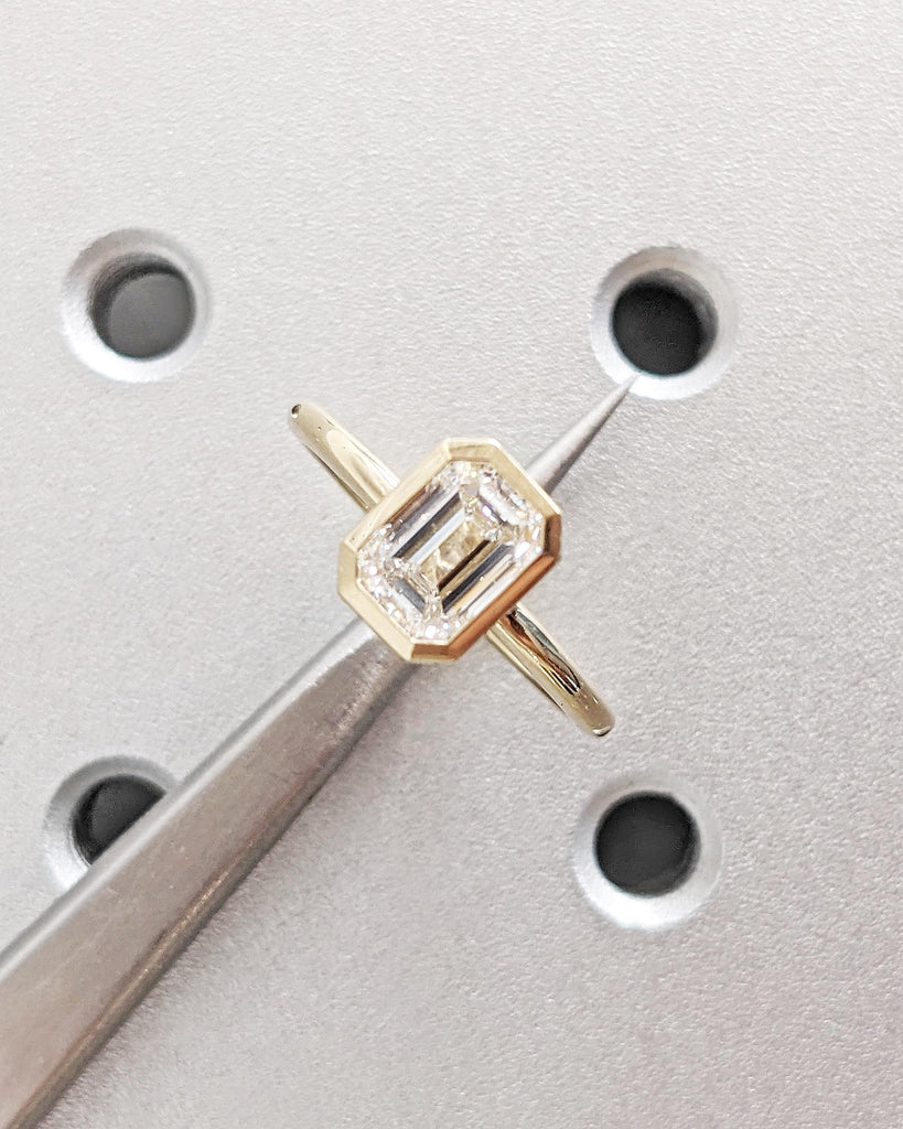 Emerald Cut Lab Created Diamond Engagement Ring - 14K Yellow Gold, Bezel Setting, CVD Diamond Art Deco Ring, Minimalist Solitaire Ring