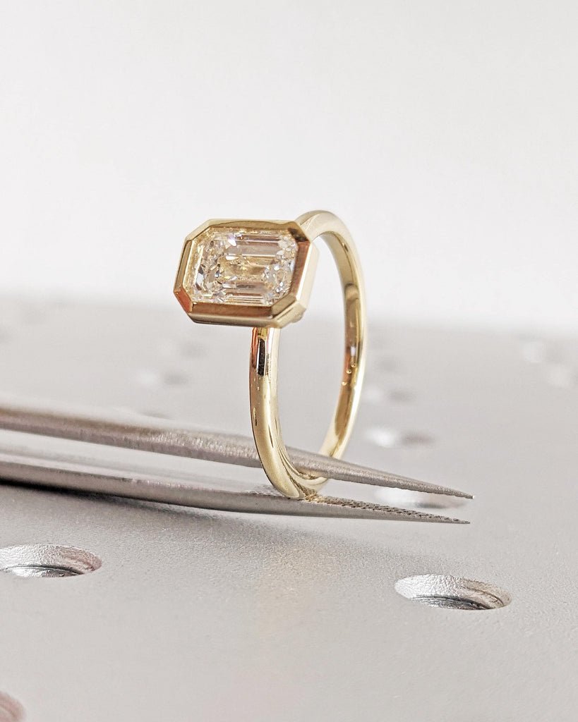 IGI Certified Emerald Cut Lab Grown Diamond Solitaire Ring, Bezel Setting, 14K Yellow Gold Engagement Ring, Statement Ring, Anniversary Ring