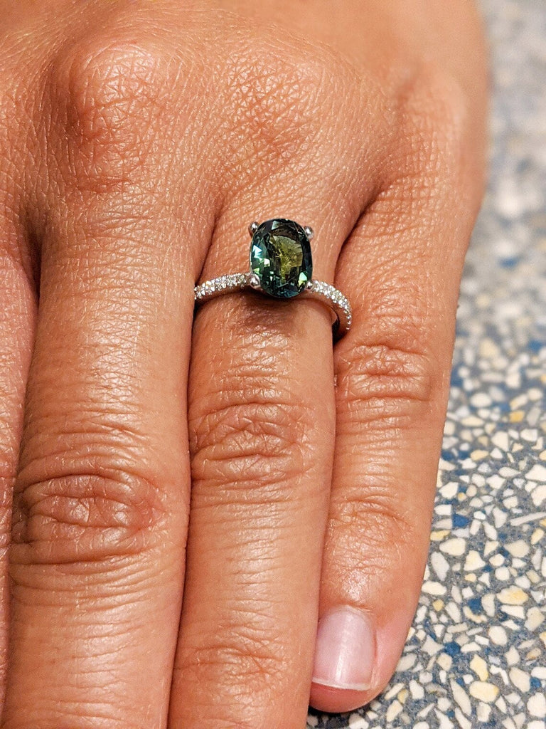 Vintage Oval Natural Peacock Sapphire Engagement Ring | White Gold Teal Sapphire Half Eternity Wedding Ring | Paved Diamond Promise Ring