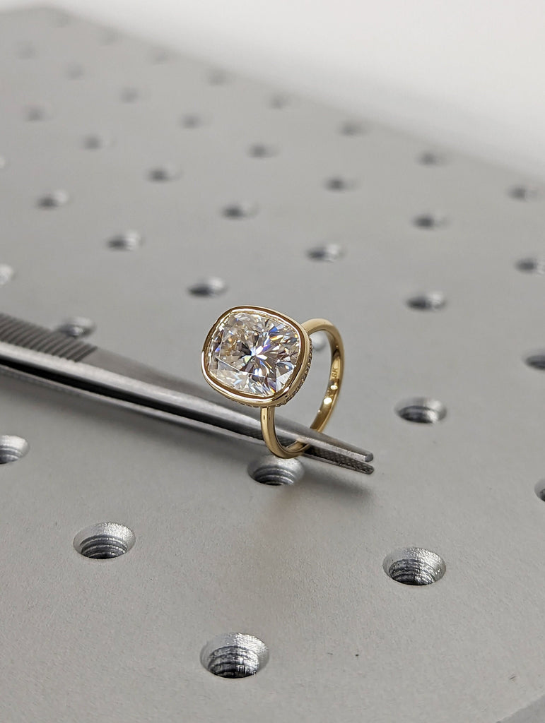 14k Yellow Gold VVS Moissanite Wedding Anniversary Ring: Bezel set Cushion cut with Hidden Halo