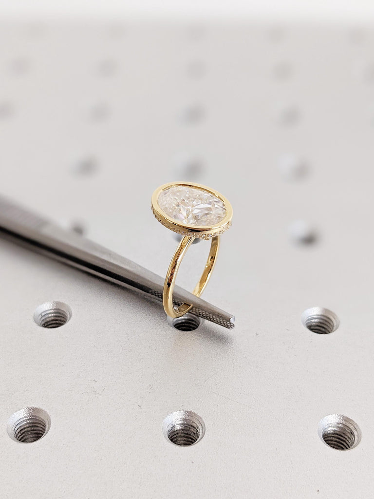 Oval Cut Moissanite Engagement Ring | 18K Yellow Gold Dainty Hidden Halo Wedding Ring | Bezel Set Art Deco Solitaire Moissanite Ring for Her