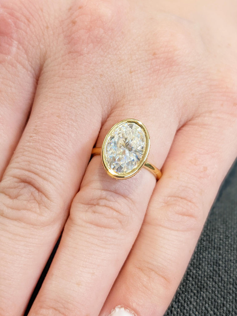 Oval Cut Moissanite Engagement Ring | 18K Yellow Gold Dainty Hidden Halo Wedding Ring | Bezel Set Art Deco Solitaire Moissanite Ring for Her