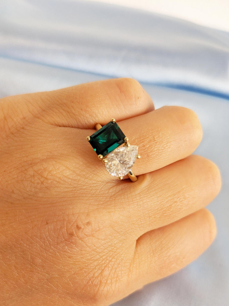 Two Stone Ring, 14k Gold Engagement Ring, Emerald Cut Lab Emerald Ring, Pear Moissanite Ring