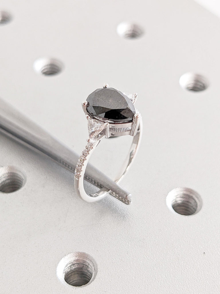 Pear Cut Salt and Pepper Diamond Engagement Ring, Trillion Cut Ring, 14k White Gold Promise Ring for Her, Vintage Diamond Ring, Bridal Ring