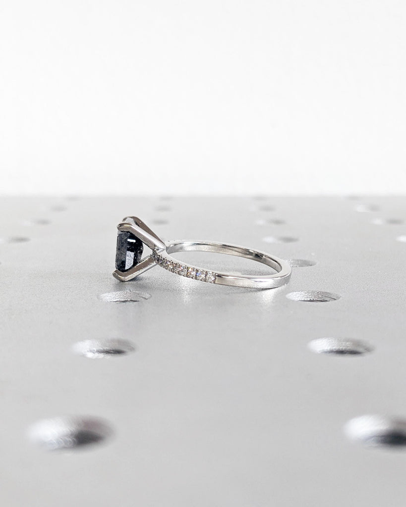 Emerald Cut Salt and Pepper Diamond Engagement Ring, Platinum or Gold Wedding Ring Diamond Eternity Band, Vintage Black Salt and Pepper Ring
