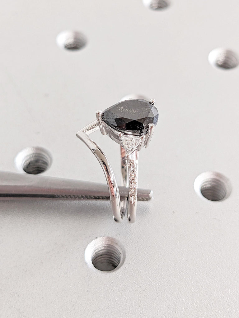 Vintage Salt and Pepper Diamond Engagement Ring Set, 14k White Gold