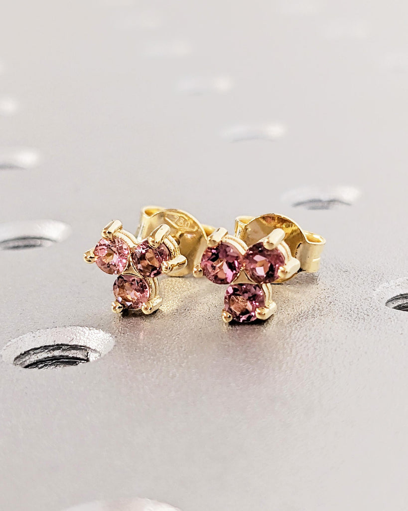 18K Solid Yellow Gold Tourmaline Earrings, Pink Cluster Stone Screw Back Stud Earrings, Women’s Everyday Jewelry