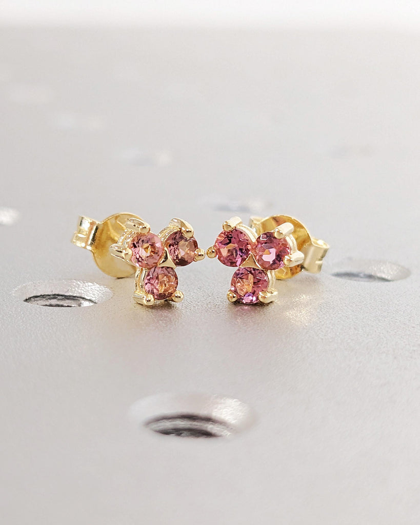 18K Solid Yellow Gold Tourmaline Earrings, Pink Cluster Stone Screw Back Stud Earrings, Women’s Everyday Jewelry