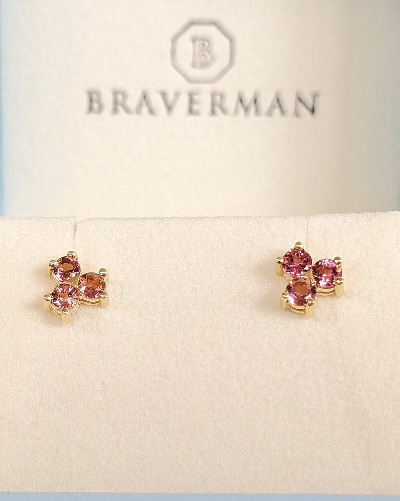 18K Solid Yellow Gold Tourmaline Earrings, Pink Cluster Stone Screw Back Stud Earrings, Women’s Everyday Jewelry