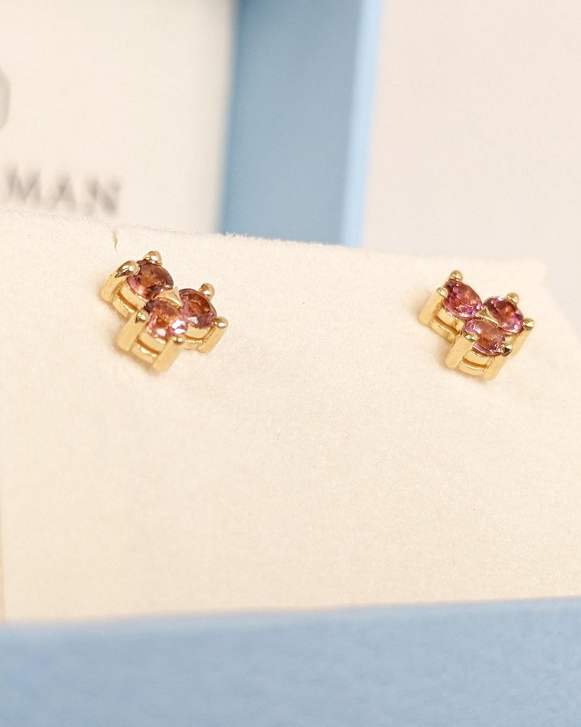 Dainty Cluster Round Cut Pink Tourmaline Earrings, 18K Yellow Gold Screw Back Stud Earrings, Three Stones Studs, Minimalist Everyday Jewelry