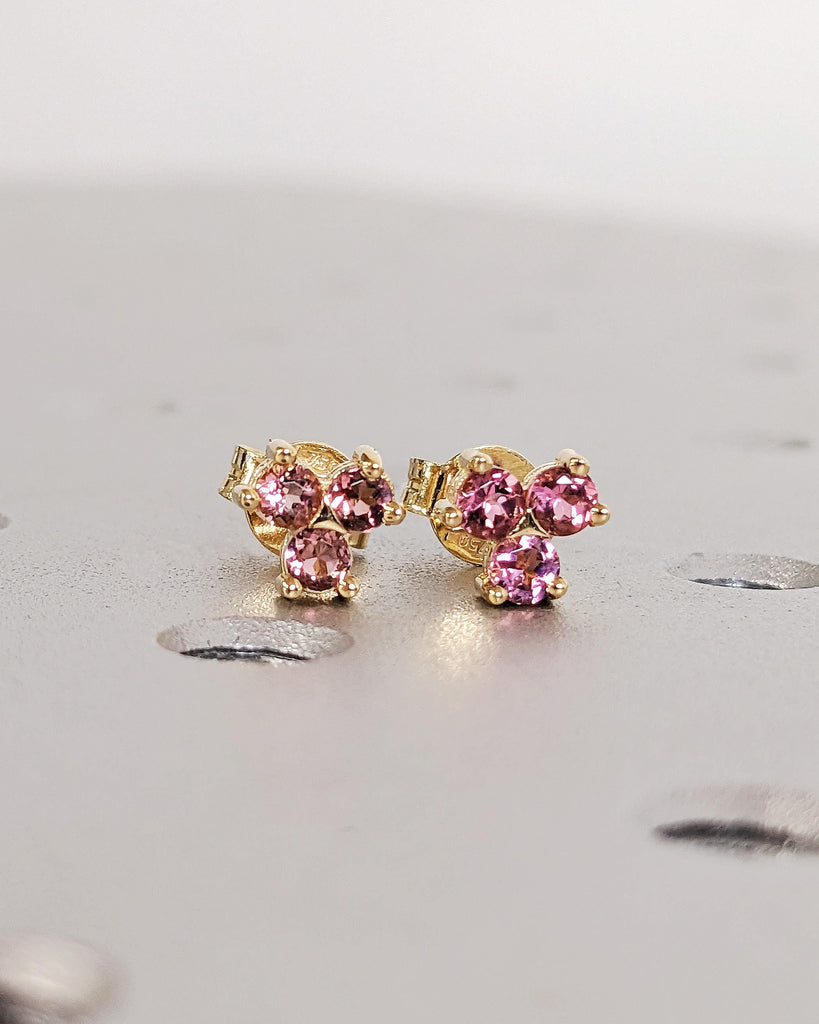 18K Solid Yellow Gold Tourmaline Earrings, Pink Cluster Stone Screw Back Stud Earrings, Women’s Everyday Jewelry
