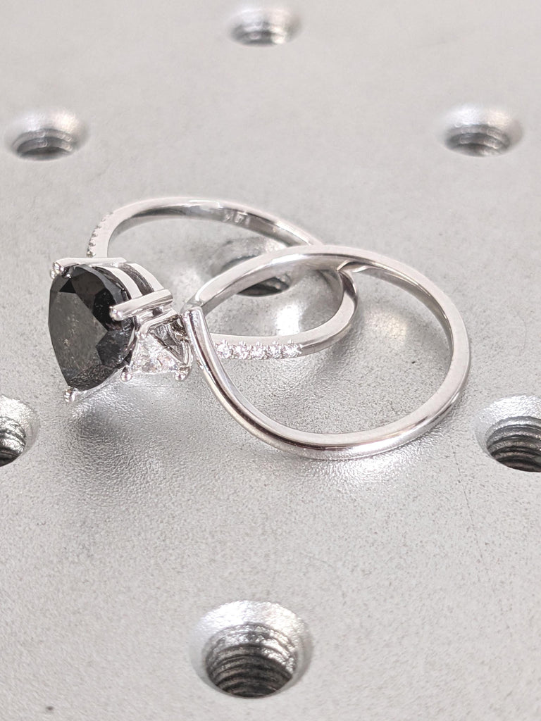Vintage Salt and Pepper Diamond Engagement Ring Set, 14k White Gold Bridal Set Ring, Chevron Wedding Band, Pear, Trillion Cut Diamond Ring