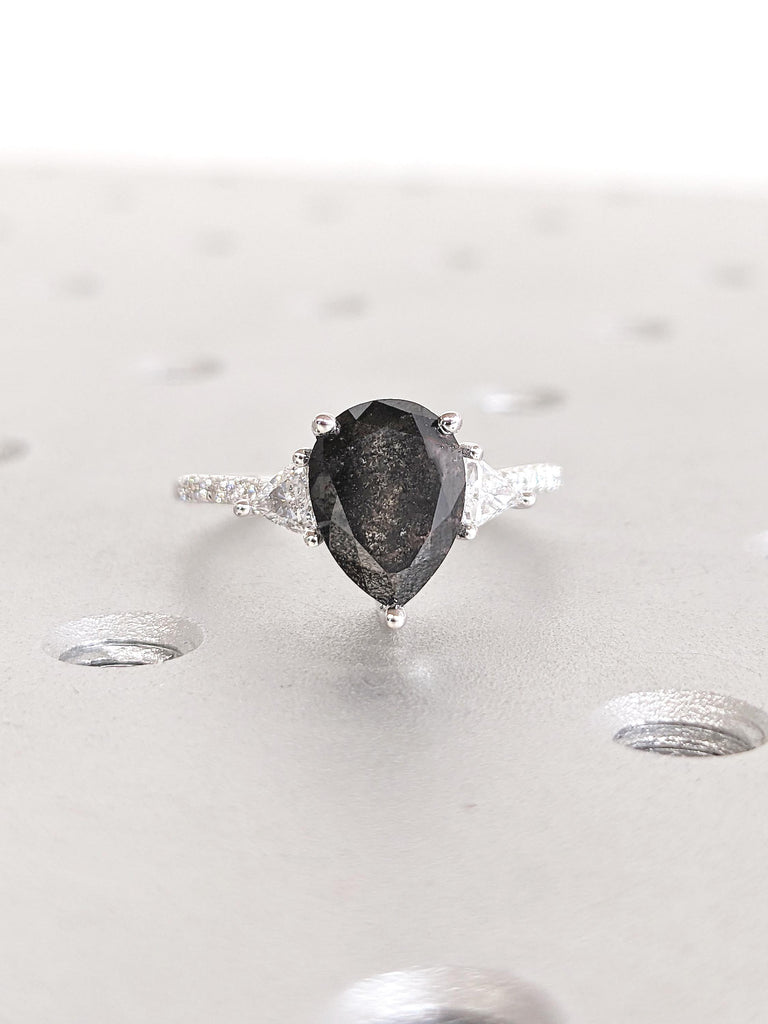 14k White Gold Bridal Ring Set, Salt and Pepper Diamond Ring, Pear Engagement Ring