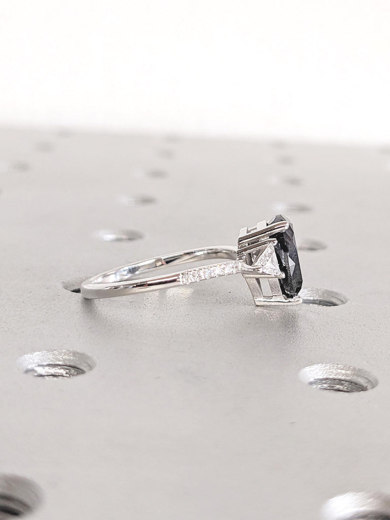 Vintage Salt and Pepper Diamond Engagement Ring Set, 14k White Gold Bridal Set Ring, Chevron Wedding Band, Pear, Trillion Cut Diamond Ring