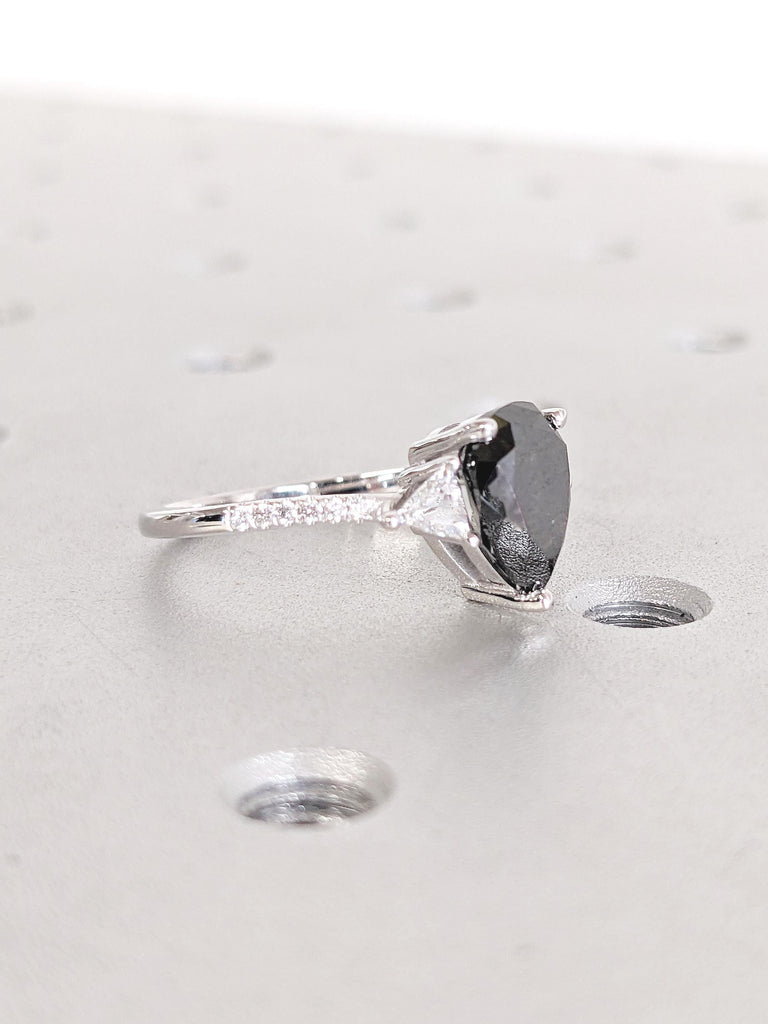 Pear Cut Salt and Pepper Diamond Engagement Ring, Trillion Cut Ring, 14k White Gold Promise Ring for Her, Vintage Diamond Ring, Bridal Ring