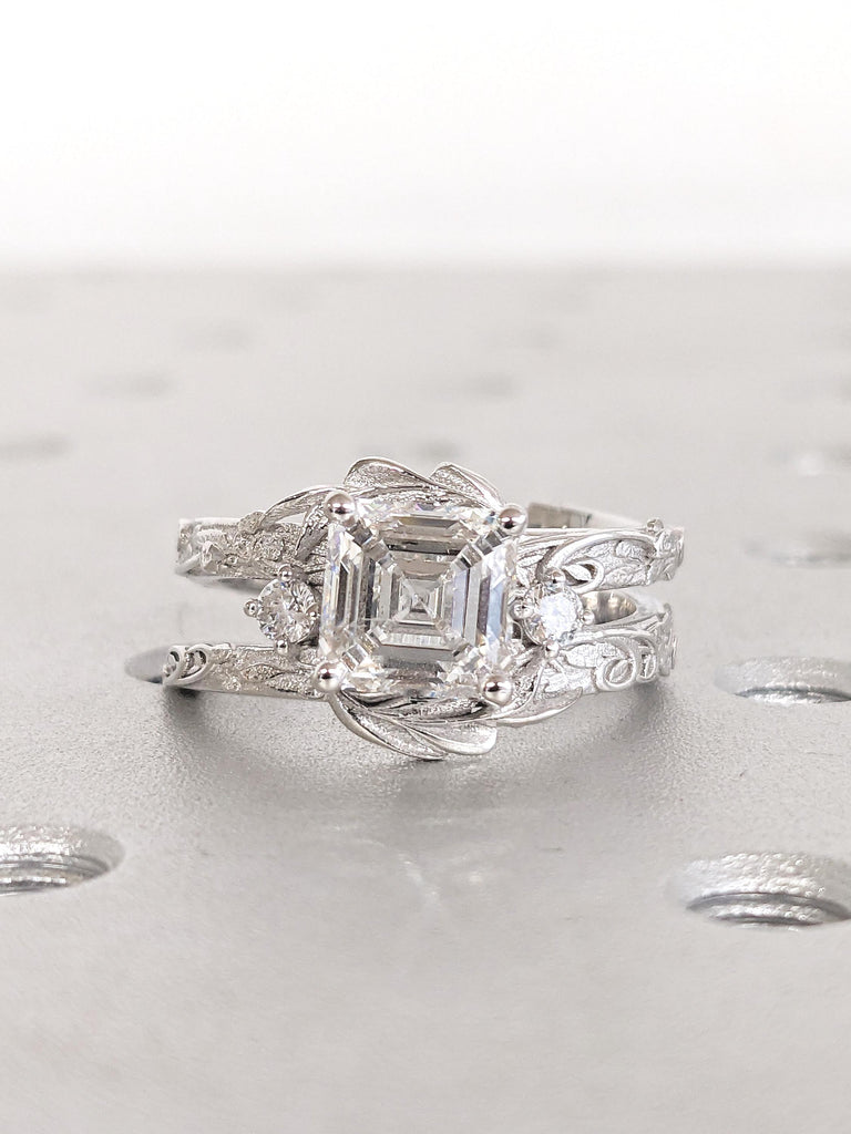 2ct Lab Grown Diamond Ring, Antique Asscher Cut Ring, Art Deco White Gold Engagement Ring, Big Statement Ring for Women, Vintage Floral Ring