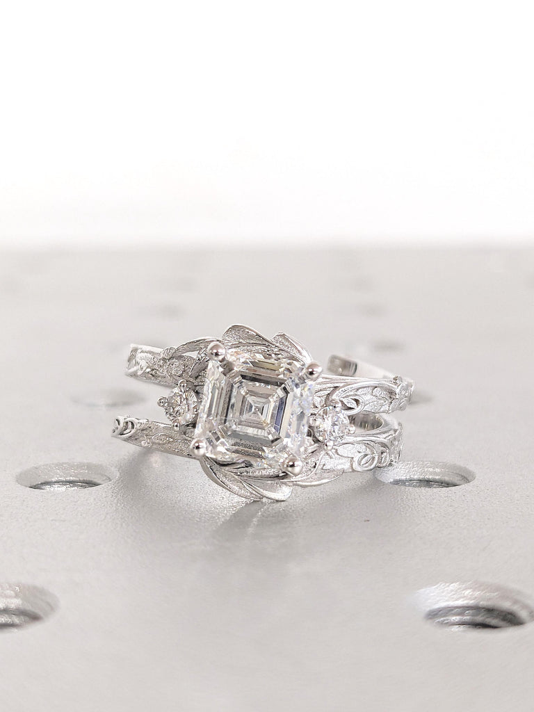 2ct Lab Grown Diamond Ring, Antique Asscher Cut Ring, Art Deco White Gold Engagement Ring, Big Statement Ring for Women, Vintage Floral Ring