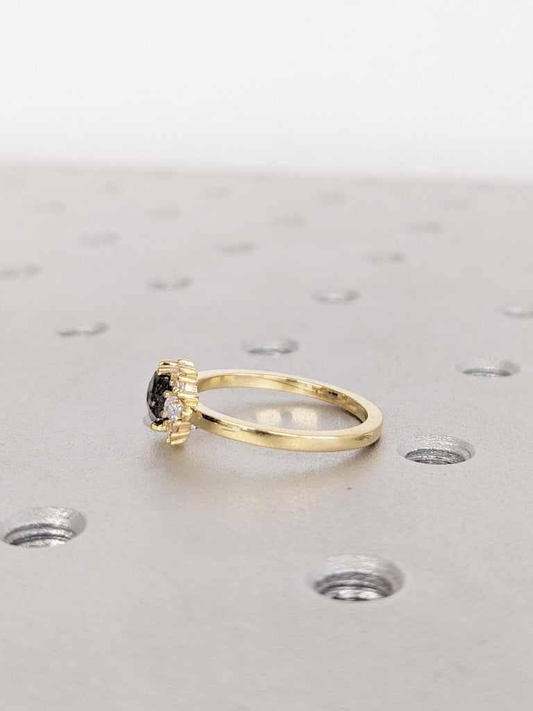 Hexagon Cut Salt and Pepper Diamond Ring, Diamond Cluster Engagement Ring, 18K Yellow Gold Salt and Pepper Wedding Ring, Bridal Jewelry Gift