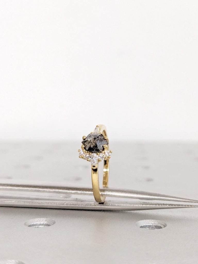 Hexagon Cut Salt and Pepper Diamond Engagement Ring, 18K Yellow Gold, Bridal Jewelry