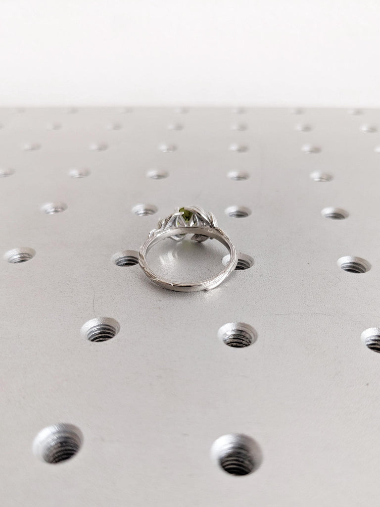 Unique Peridot Engagement Ring, Nature Inspired Platinum Ring, Round Cut Moonstone Cabochon, Peridot Ring, August Birthstone Ring, Leaf Ring