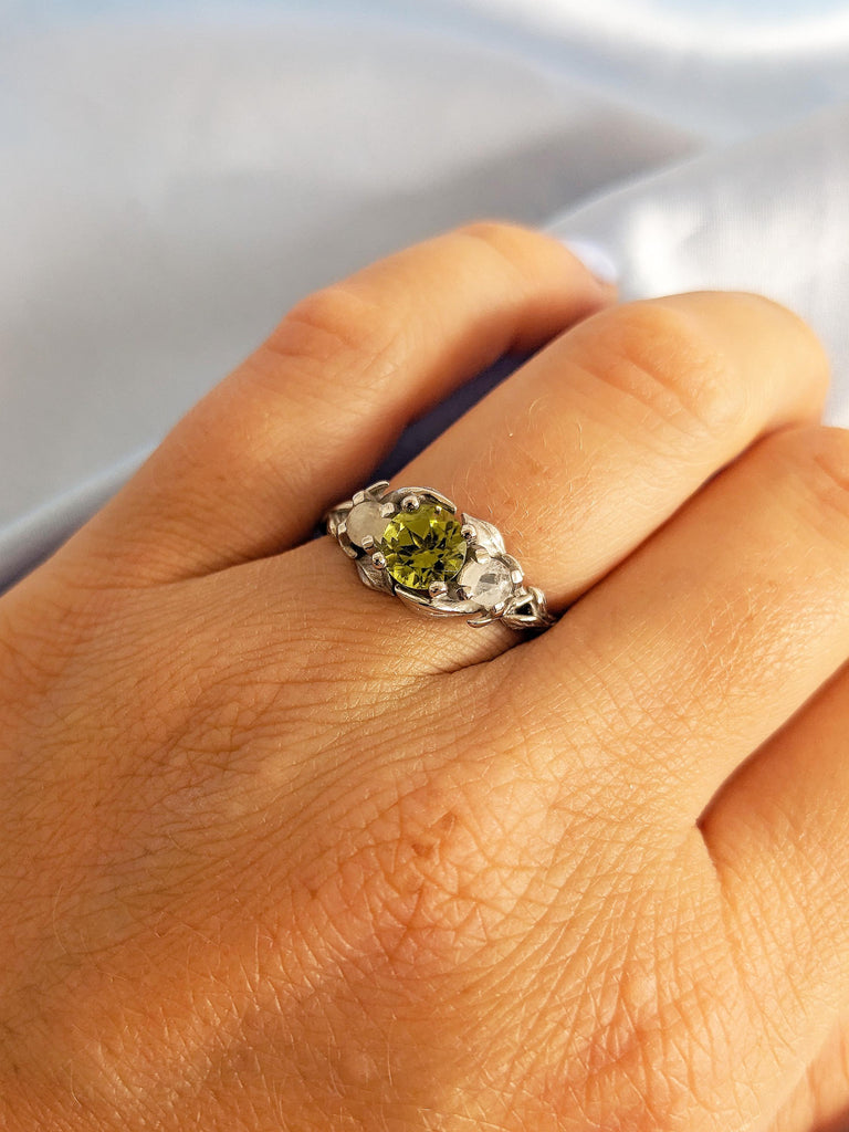 Moonstone Cabochon and Peridot Ring, August Birthstone Ring, Nature Inspired Ring