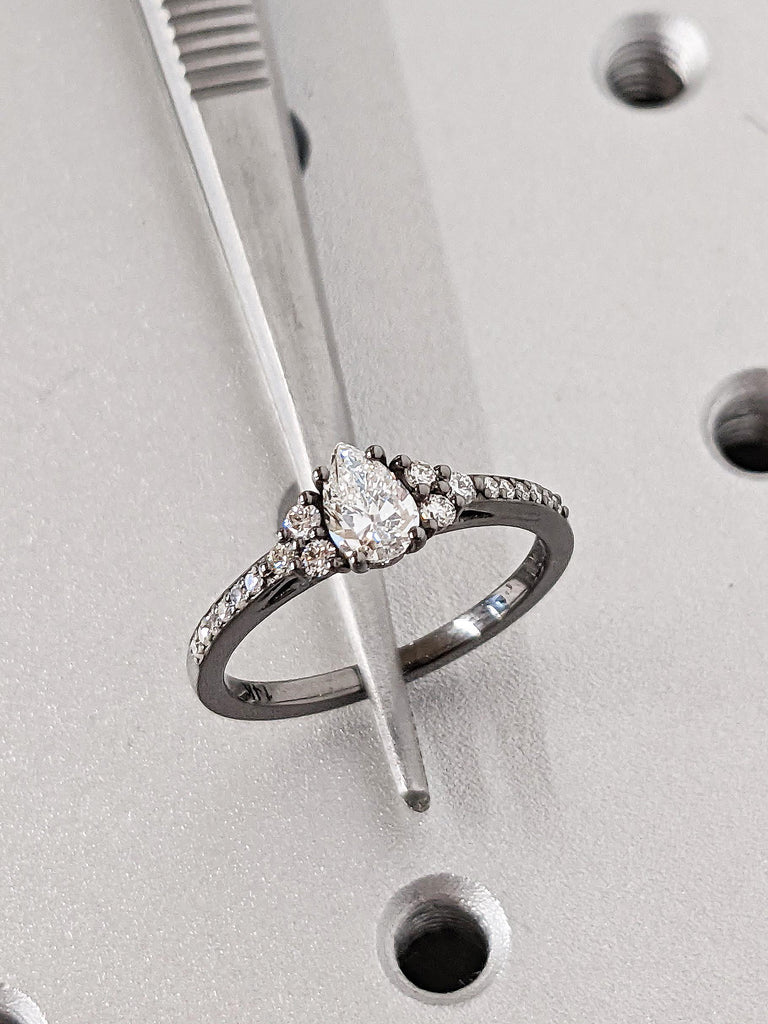 Pear Cut Moissanite Custom Engagement Ring, 14K Black Gold Cluster Round Pavé Diamond Wedding Band, Bridal Jewelry
