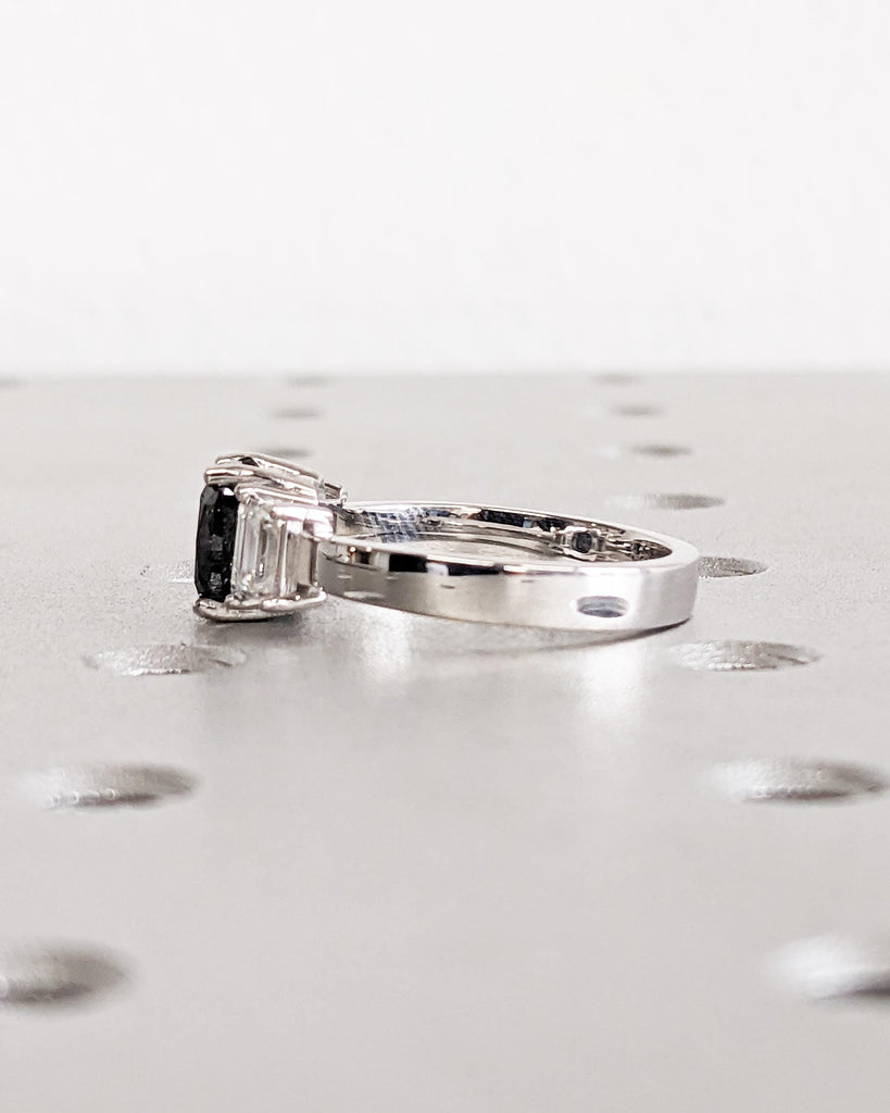 Three Stone Cushion Cut Engagement Ring | Salt and Pepper Diamond Engagement Ring | Side Trapezoid Moissanite Wedding Ring | 18K White Gold