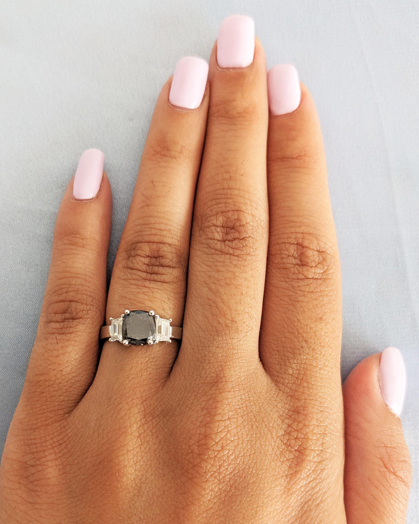 Cushion Cut Salt and Pepper Diamond Engagement Ring • 3 Stone Alternative Bridal Wedding Ring • Trapezoid Moissanites • 18K White Gold