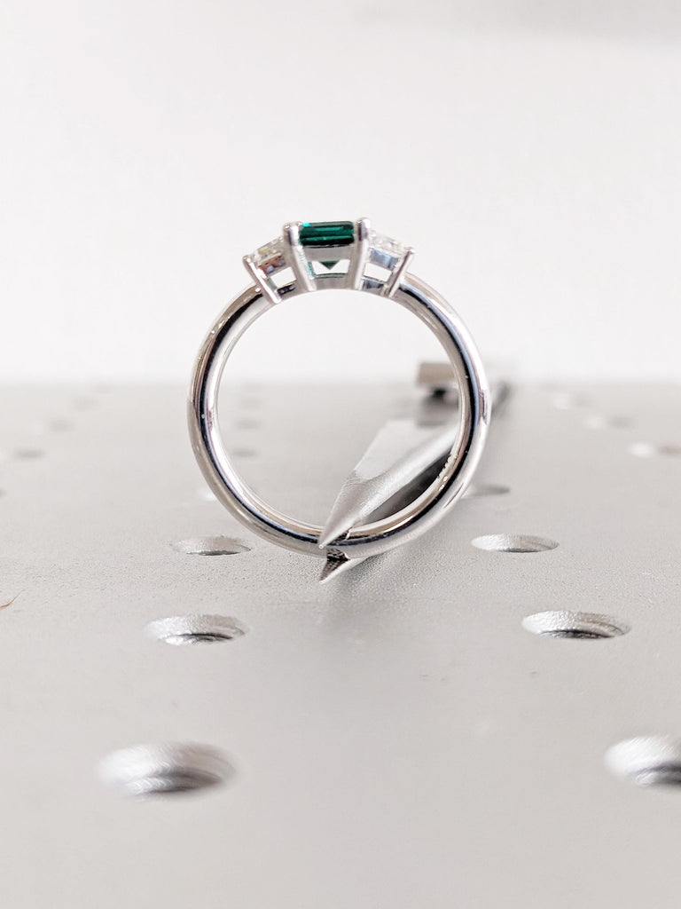 Art Deco Style Green Emerald Engagement Ring, 3 Stone May Birthstone Ring with Trapezoid Moissanite, 14K White Gold Band, Prong Set Trellis