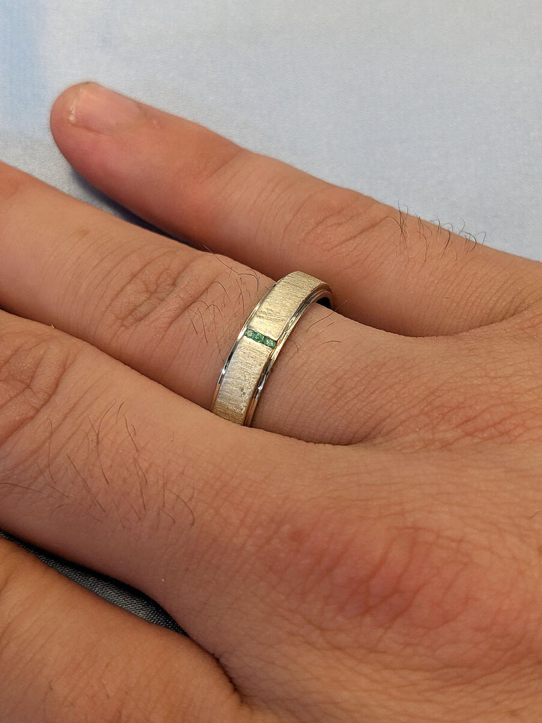 May Birthstone 5mm Wedding Ring | Brushed 14k White Gold Men Emerald Wedding Band | Stepped Edge Ring | Green Gemstone Ring Wedding Jewelry