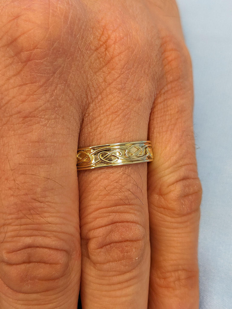 Real Solid 14K Yellow Gold 5mm Vintage Mens Wedding Band | Unisex Classic Celtic Love Knot Wedding Ring | Couples Ring | Commitment Ring